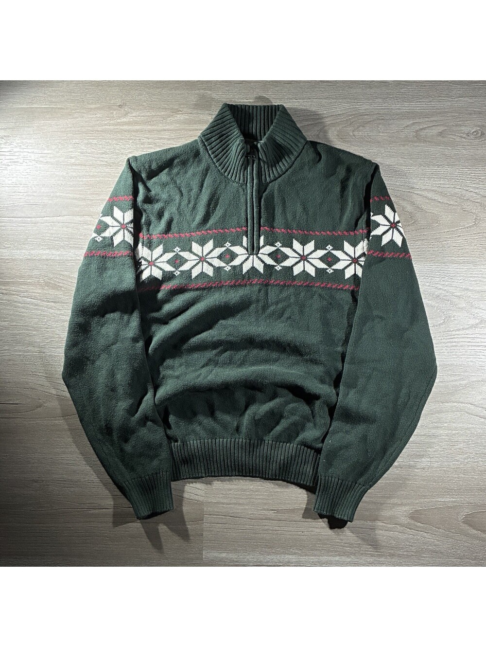 Weatherproof Vintage Men's M Snowflake Quarter-Zip Sweater FairIsle Nordic Green